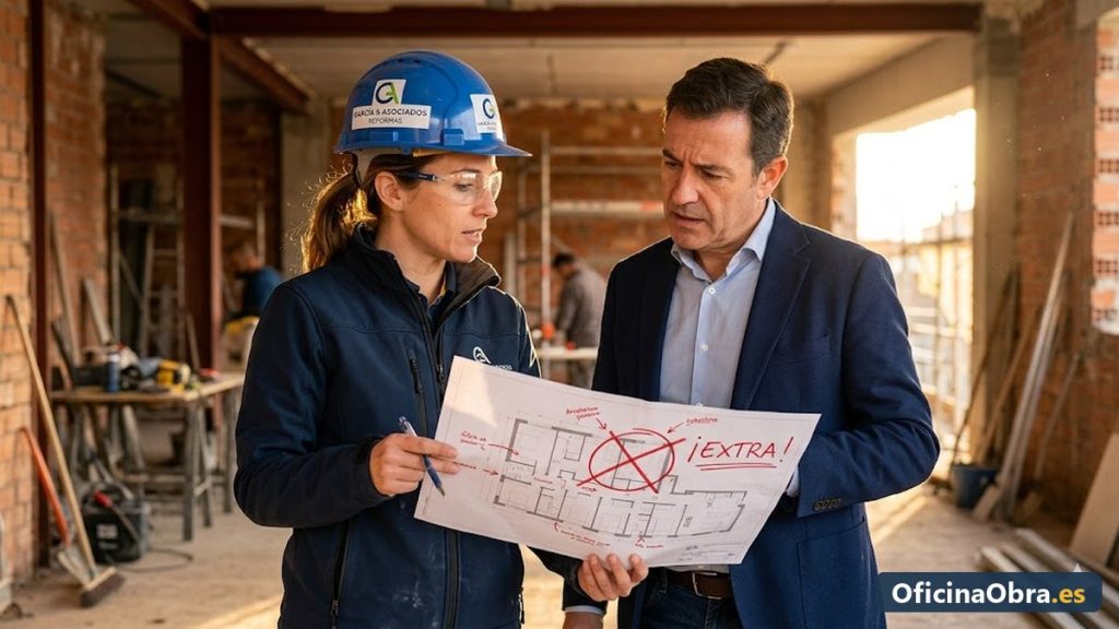 Gestion de extras en obra: tecnico y cliente revisan plano con cambios