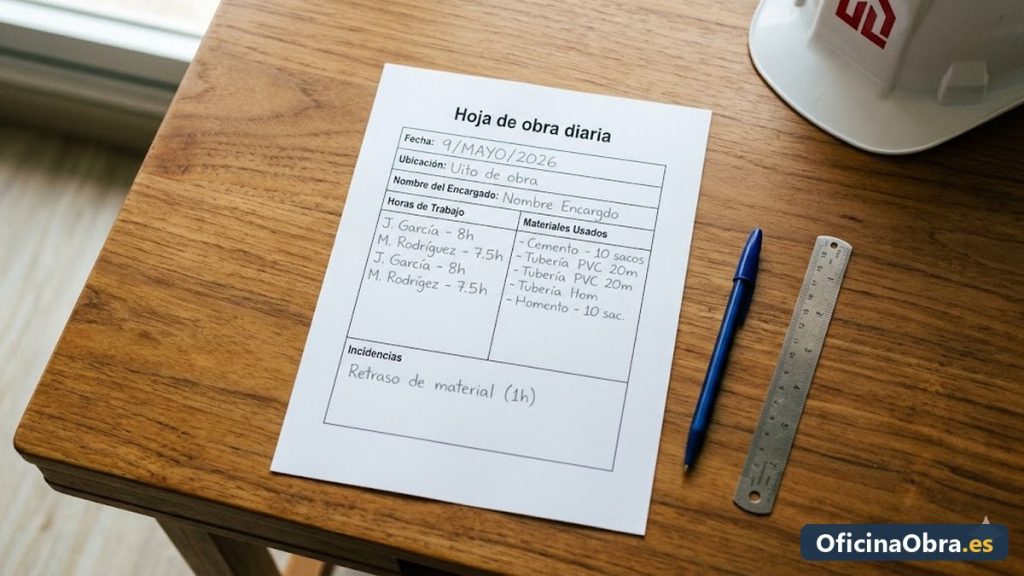 Hoja de obra diaria rellenada a mano con anotaciones de jornada y materiales